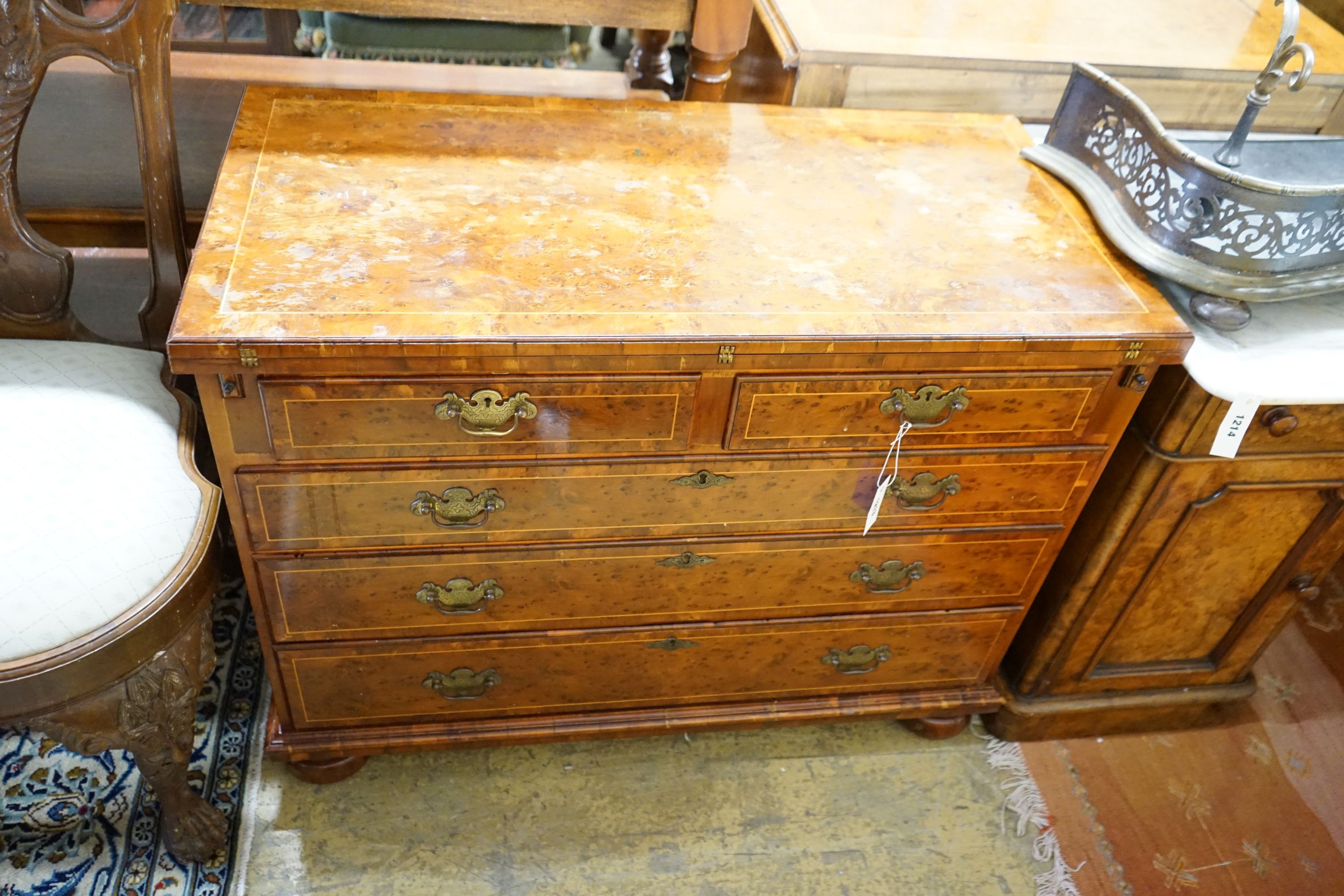 A reproduction George I style burr walnut bachelor's chest, width 96cm, depth 48cm, height 74cm